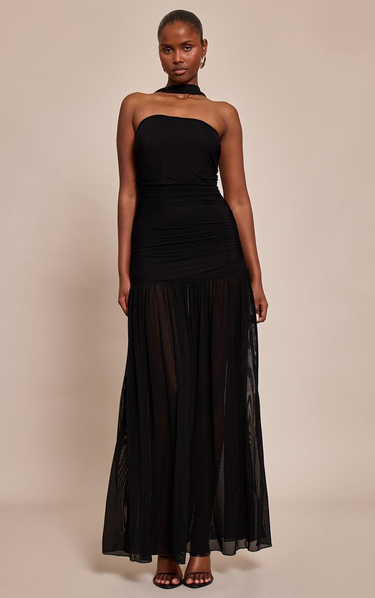 Pretty Little Thing Black Ruched Scarf Dropped Waist Maxi Dress