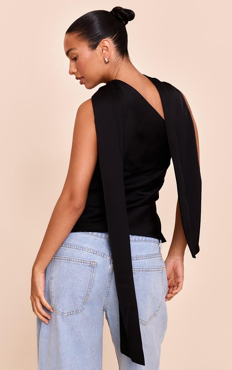 Pretty Little Thing Black Satin Asymmetric Scarf Detail Top