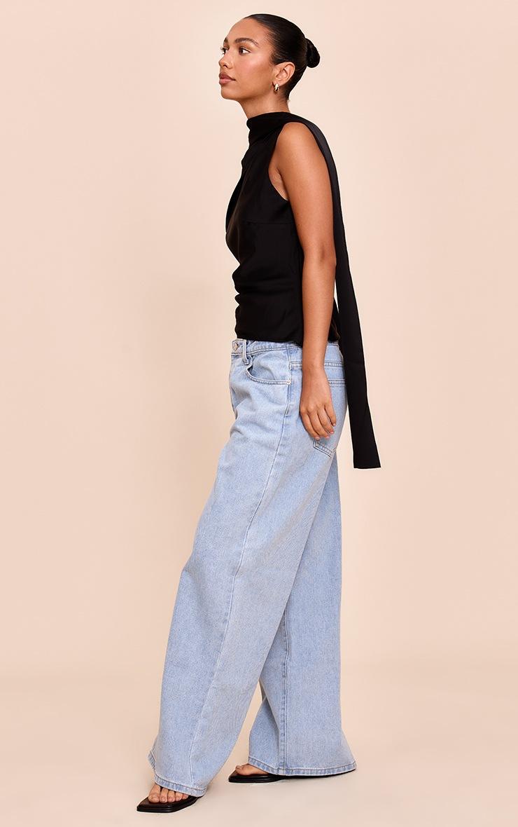 Pretty Little Thing Black Satin Asymmetric Scarf Detail Top