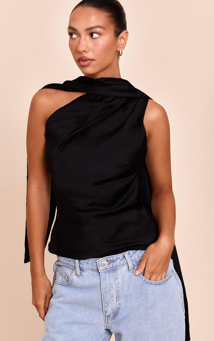 Pretty Little Thing Black Satin Asymmetric Scarf Detail Top