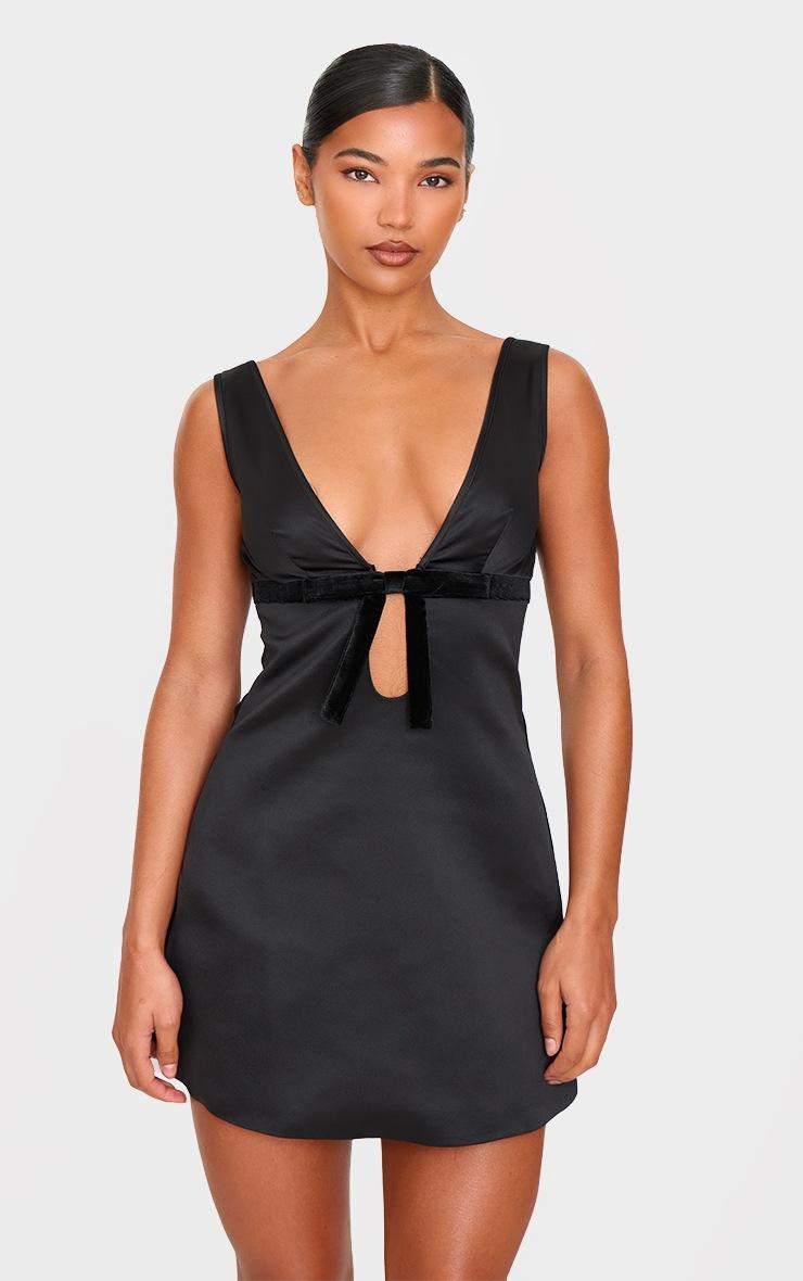 Pretty Little Thing Black Satin Bow Detail A-line Dress