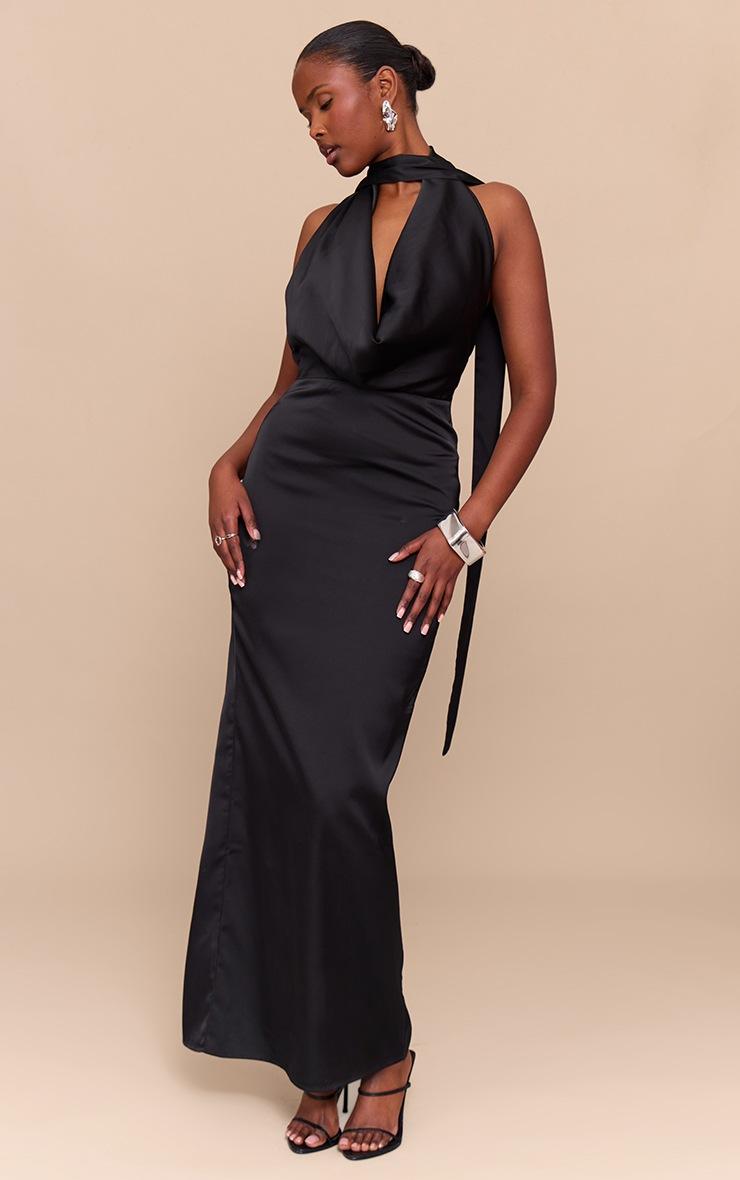 Pretty Little Thing Black Satin Cowl Neck Drape Maxi Dress