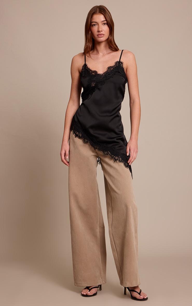 Pretty Little Thing Black Satin Lace Detail Asymmetric Long Top