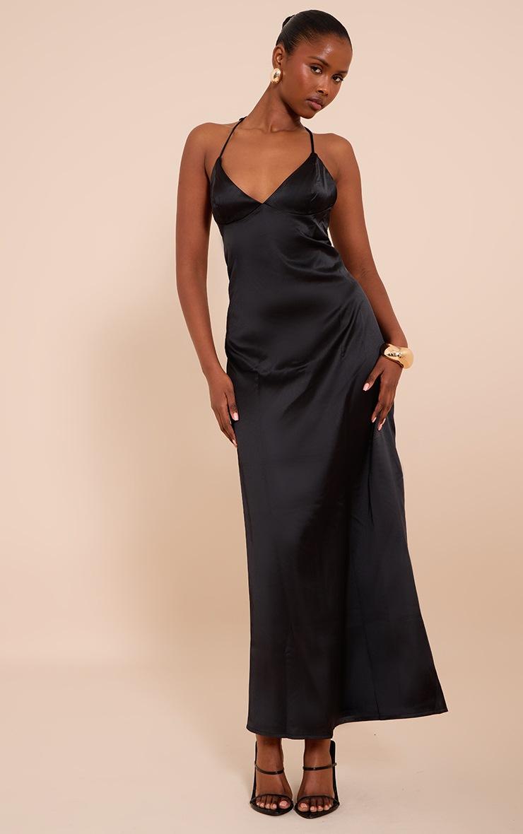 Pretty Little Thing Black Satin Lace Up Back Maxi Slip Dress