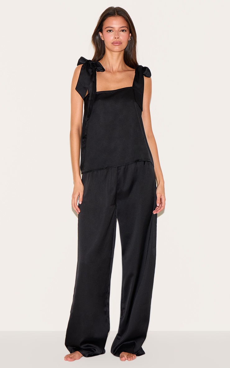 Pretty Little Thing Black Satin Ribbon Tie Cami Long Pj Set