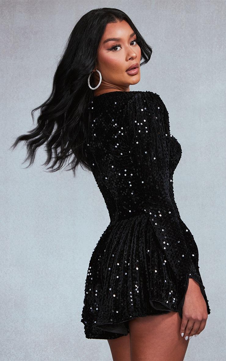 Pretty Little Thing Black Sequin Cup Detail Long Sleeve Skater Romper