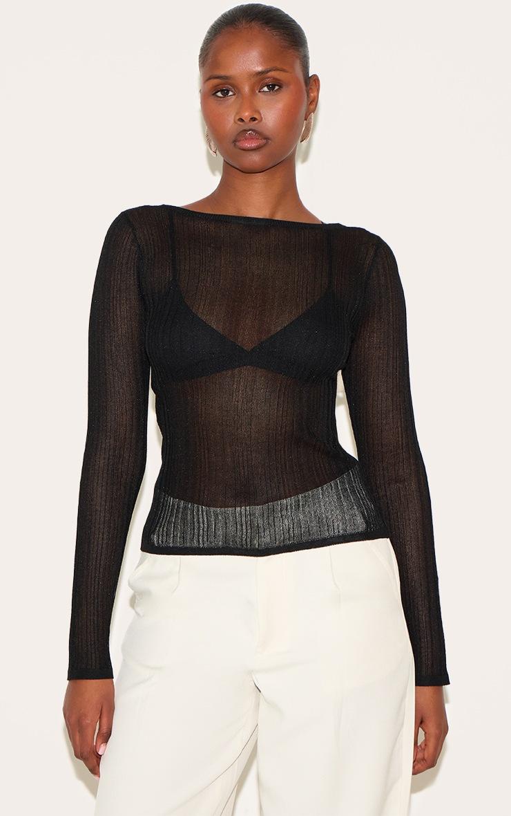Pretty Little Thing Black Sheer Knit Long Sleeve Boat Neck Top Black