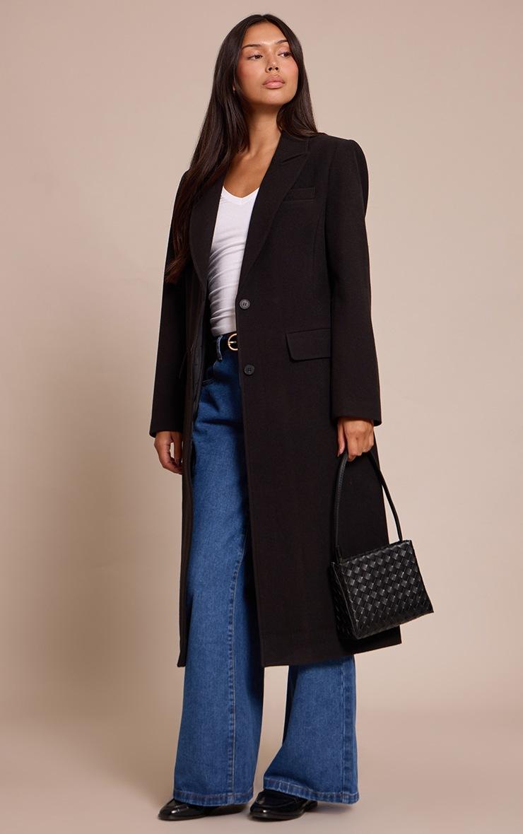 Pretty Little Thing Black Single Breasted Seam Detail Wool Look Maxi Coat