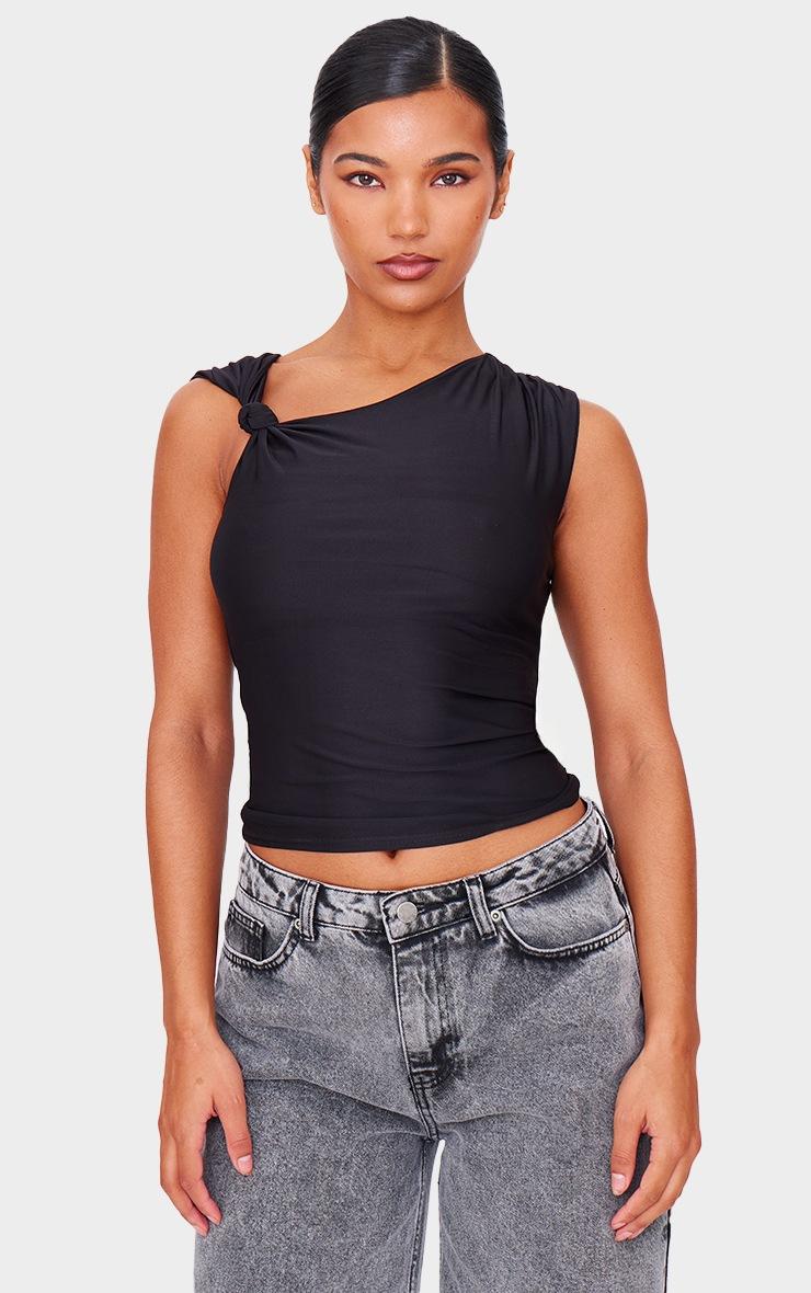 Pretty Little Thing Black Slinky Knot Strap Detail Long Top