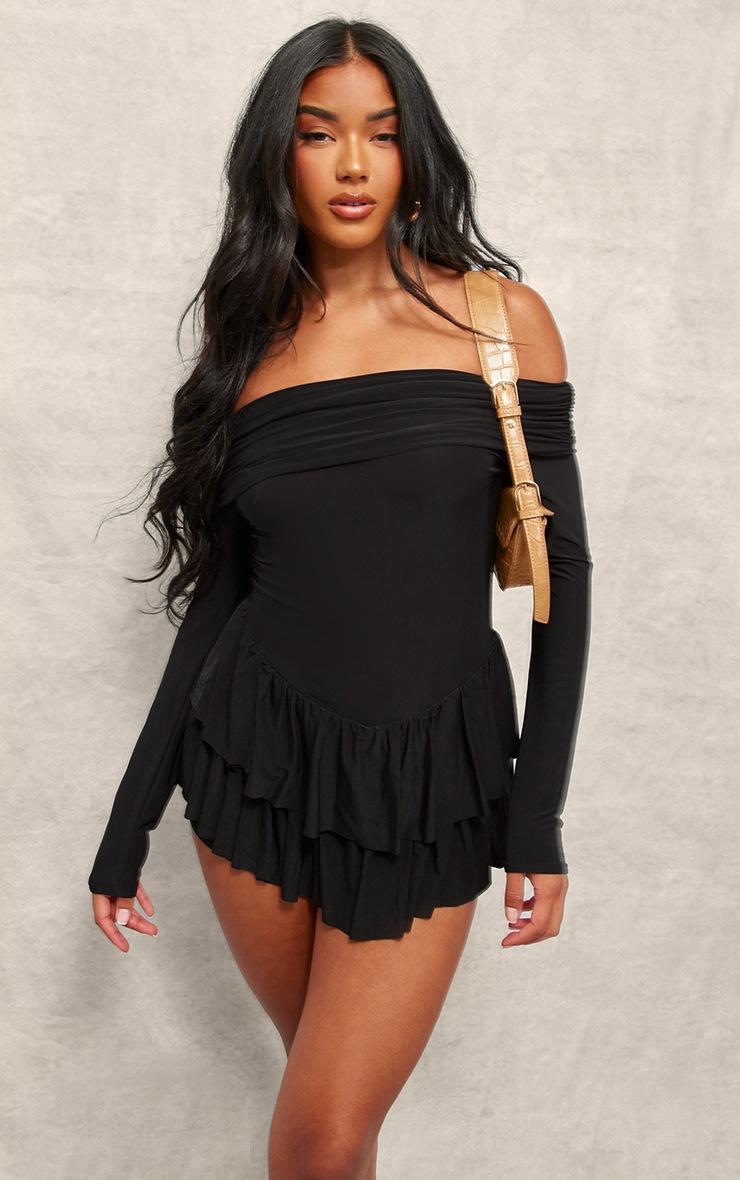Pretty Little Thing Black Slinky Long Sleeve Bardot Rara Skort Romper
