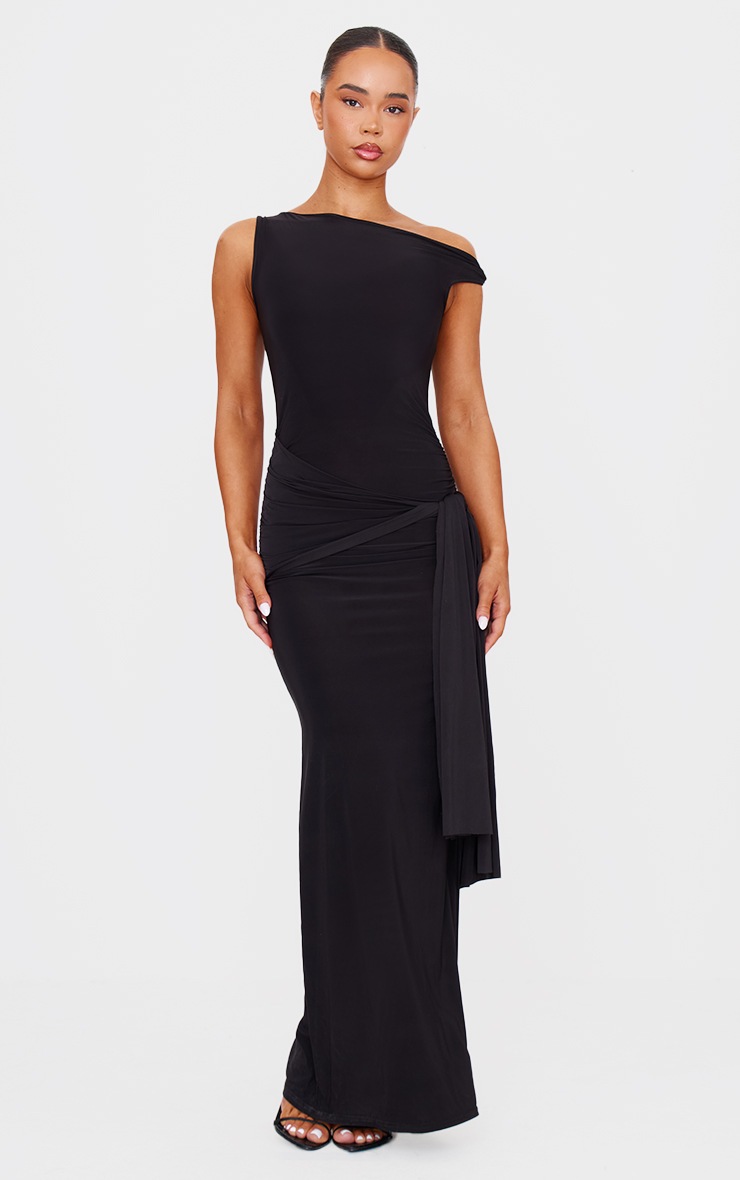 Pretty Little Thing Black Slinky Off Shoulder Wrap Detail Maxi Dress