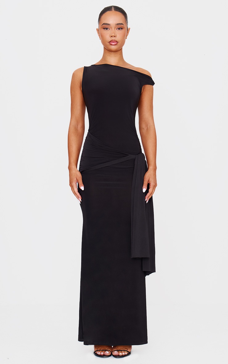 Pretty Little Thing Black Slinky Off Shoulder Wrap Detail Maxi Dress