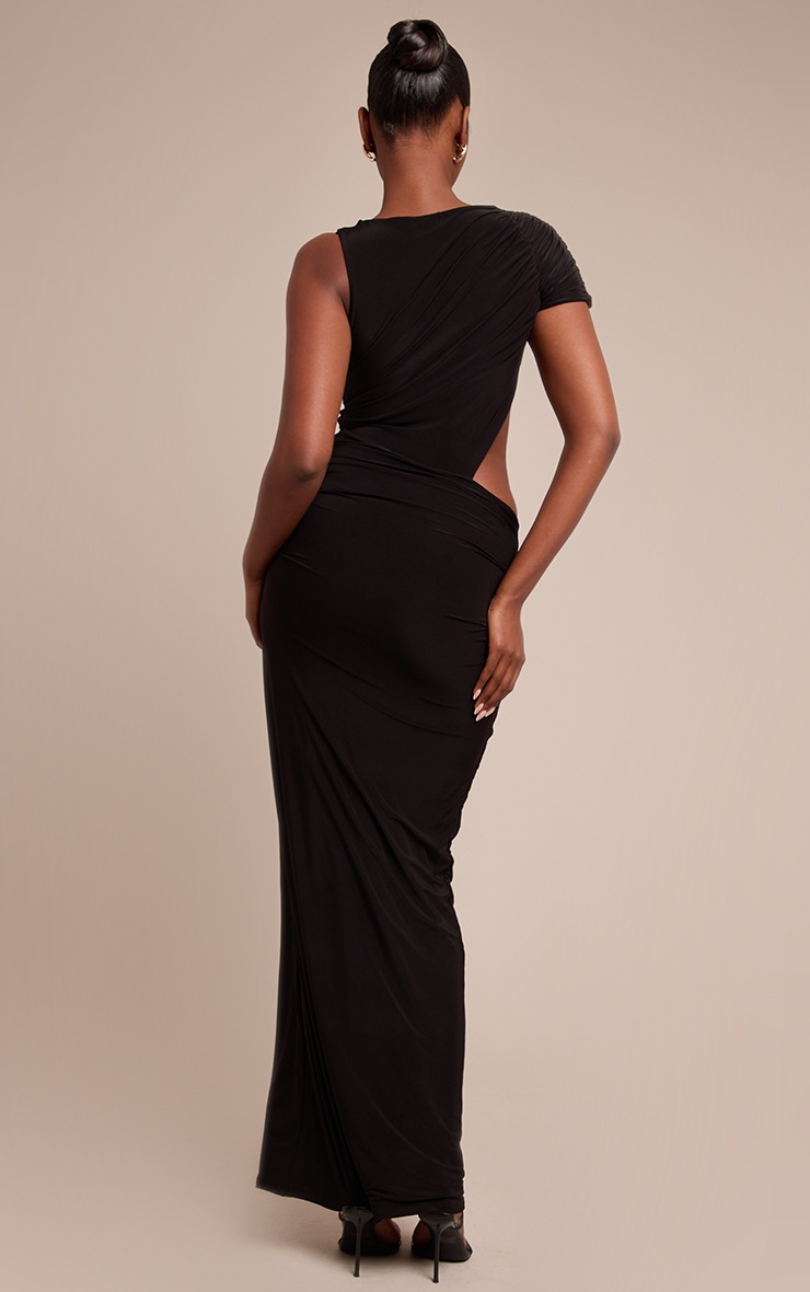 Pretty Little Thing Black Slinky One Sleeve Ruched Maxi Dress