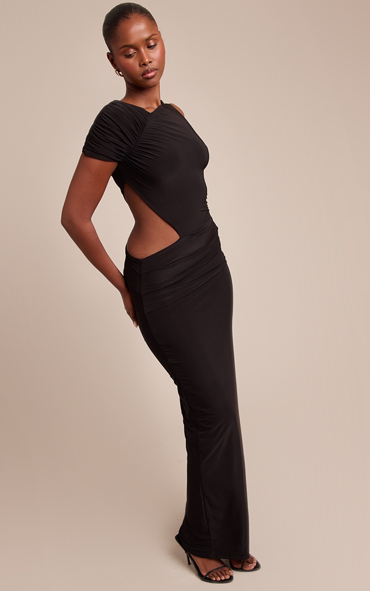 Pretty Little Thing Black Slinky One Sleeve Ruched Maxi Dress