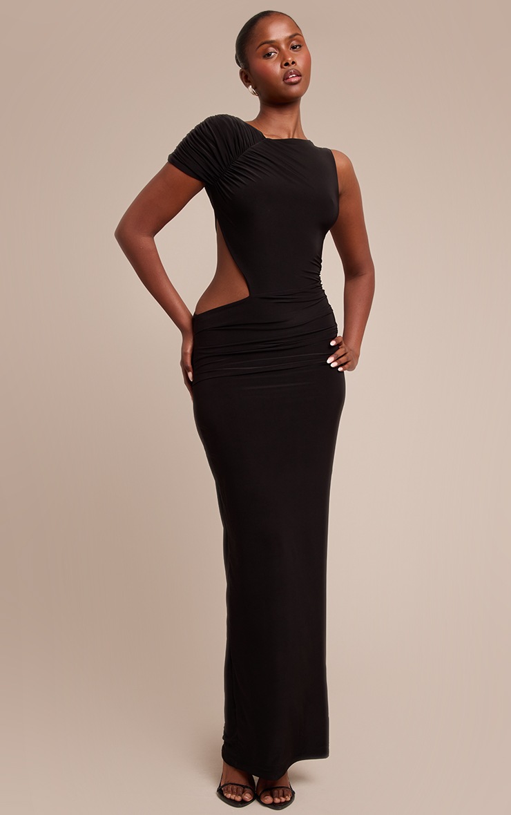 Pretty Little Thing Black Slinky One Sleeve Ruched Maxi Dress