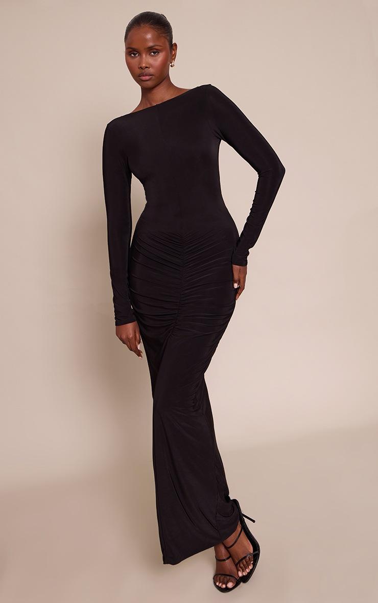 Pretty Little Thing Black Slinky Ruched Low Back Maxi Dress