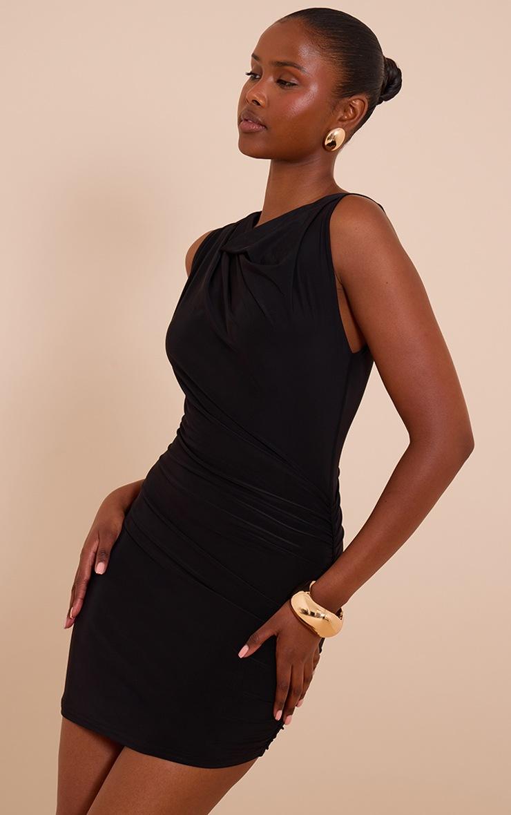 Pretty Little Thing Black Slinky Ruched Shoulder Racer Neck Bodycon Dress