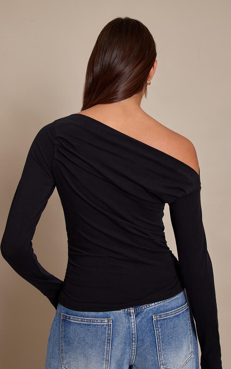 Pretty Little Thing Black Soft Cotton Ruched Asymmetric Long Sleeve Top