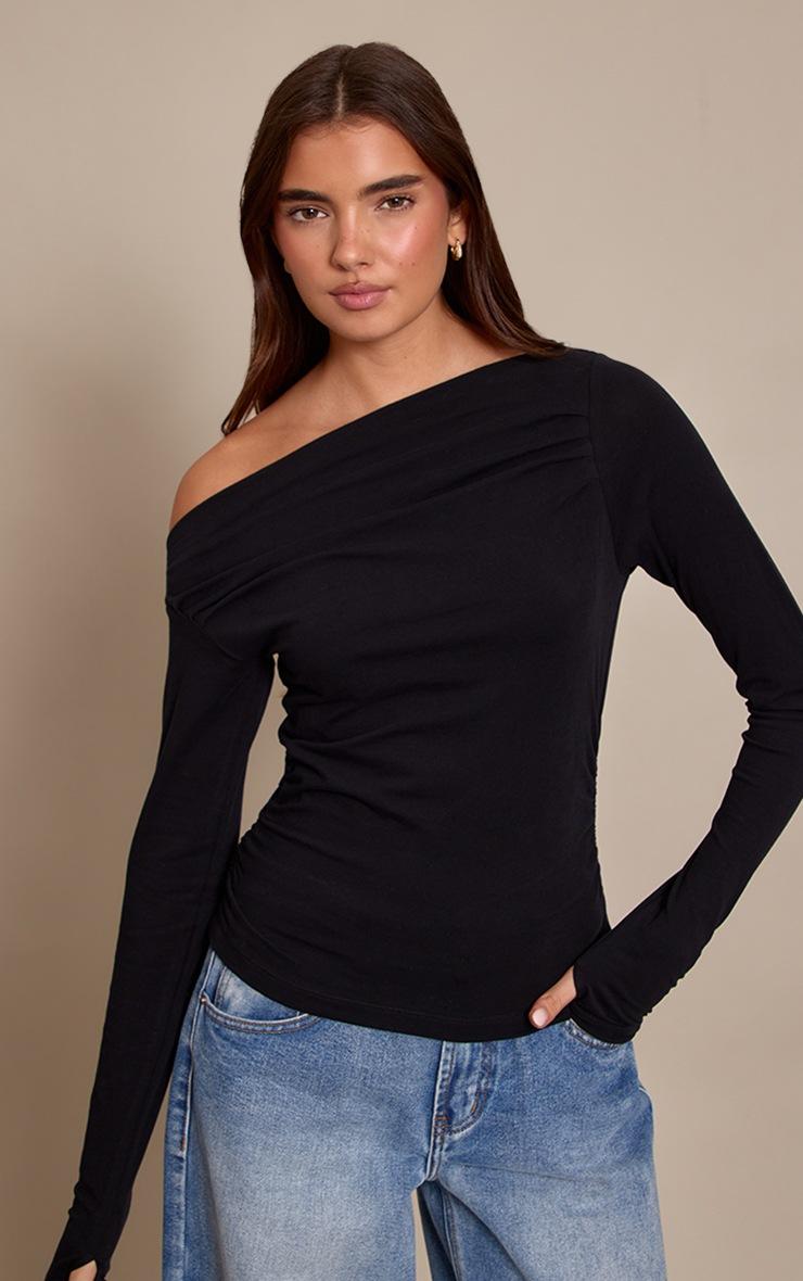 Pretty Little Thing Black Soft Cotton Ruched Asymmetric Long Sleeve Top