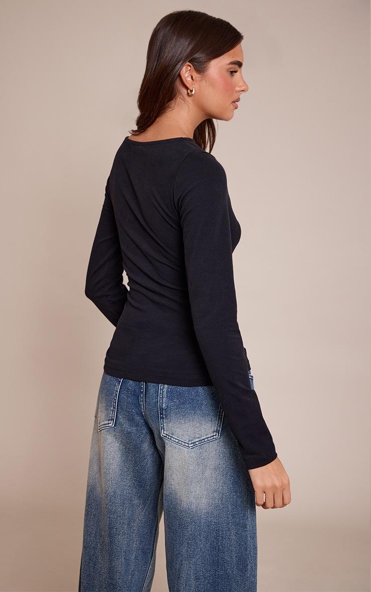 Pretty Little Thing Black Soft Cotton Ruched Side Long Sleeve Top