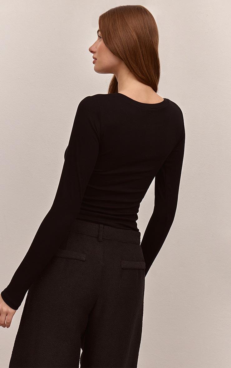 Pretty Little Thing Black Soft Rib Button Up Fitted Long Sleeve Top