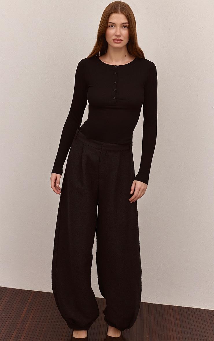 Pretty Little Thing Black Soft Rib Button Up Fitted Long Sleeve Top