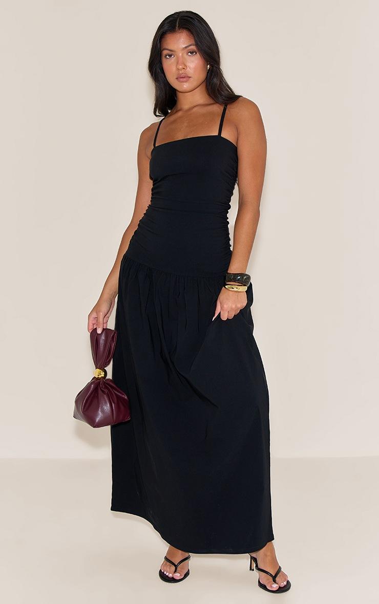 Pretty Little Thing Black Stretch Woven Strappy Ruched Maxi Dress