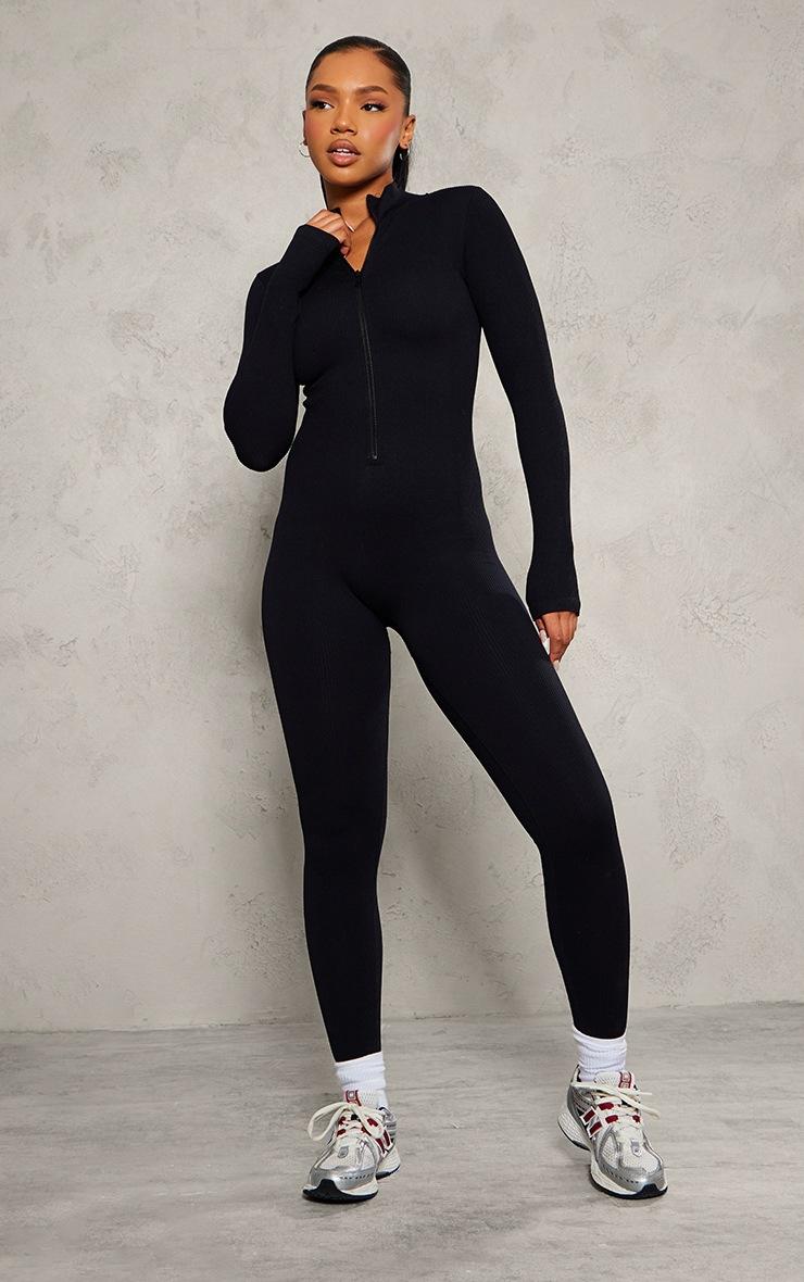 Pretty Little Thing Black Structured Snatched Rib Zip Jumpsuit