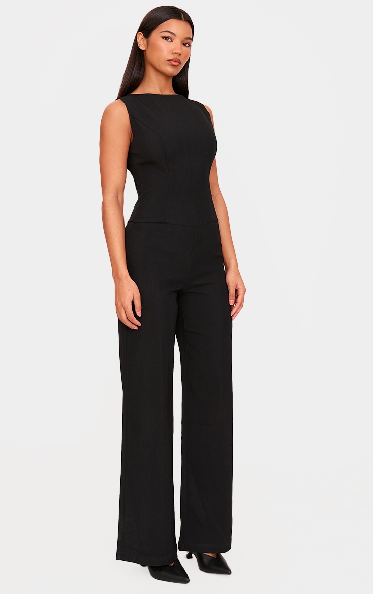Pretty Little Thing Black Structured Woven Open Back Detail Straight Leg Jumpsuit