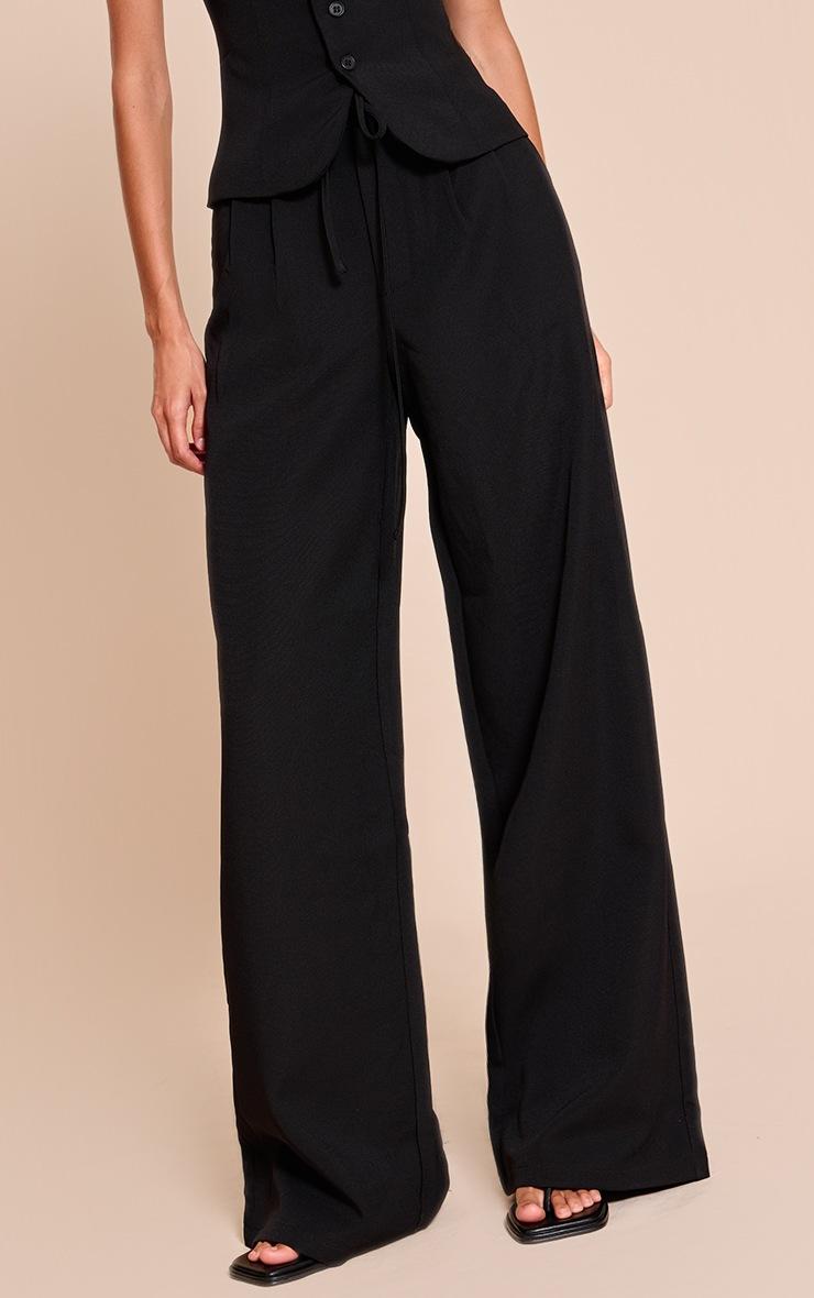Pretty Little Thing Black Tailored Tie Detail Woven Wide Leg Pants