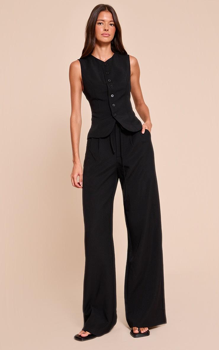 Pretty Little Thing Black Tailored Tie Detail Woven Wide Leg Pants