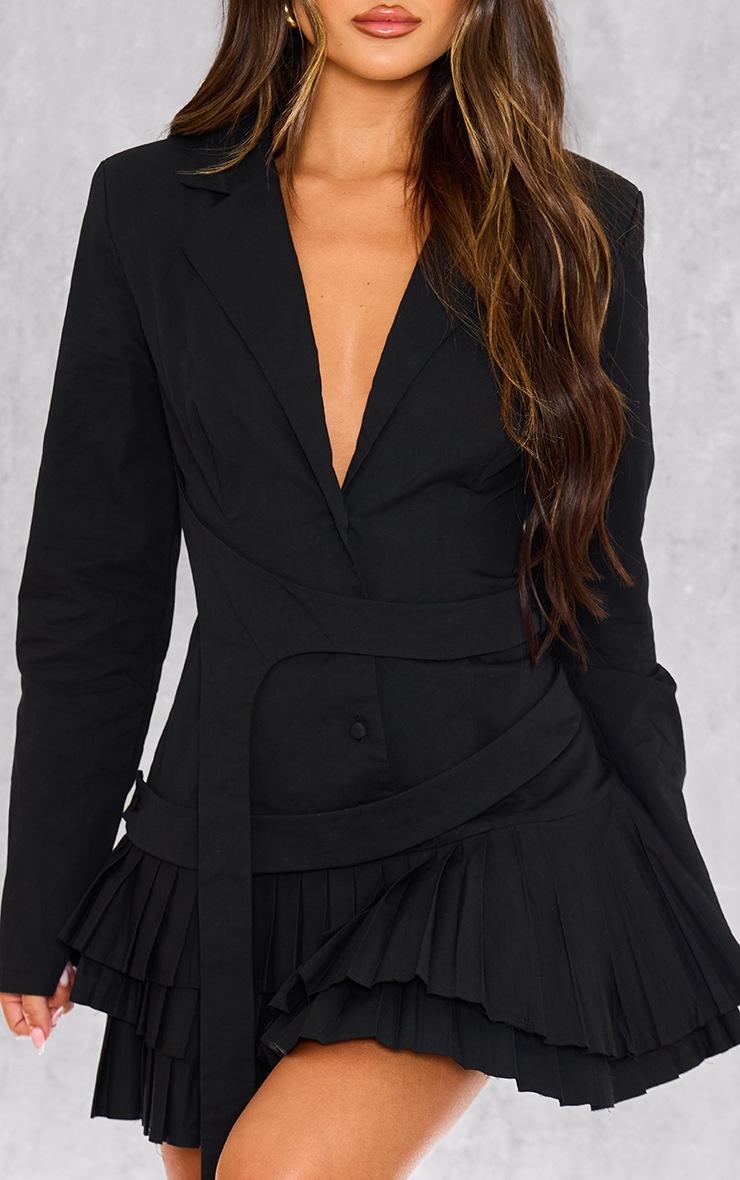 Pretty Little Thing Black Tailored Woven Pleated Belt Blazer Dress