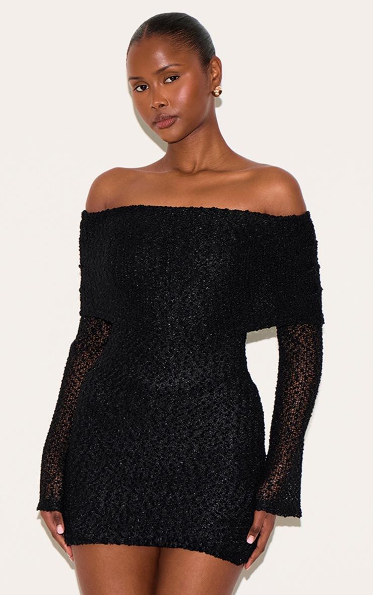 Pretty Little Thing Black Textured Bardot Flare Long Sleeve Mini Dress Pretty Little Thing Black Textured Bardot Flare Long Sleeve Mini Dress