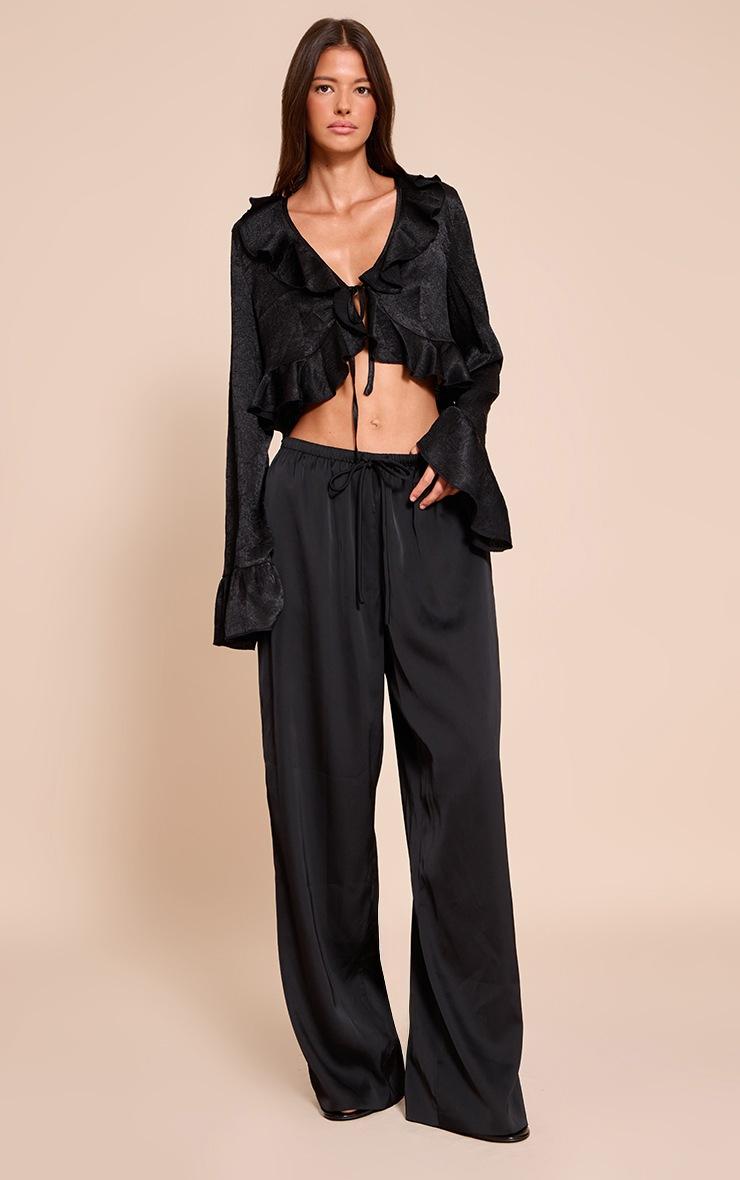 Pretty Little Thing Black Textured Satin Frill Detail Tie Front Cropped Top