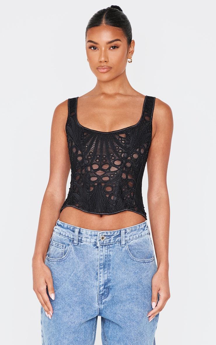 Pretty Little Thing Black Textured Sheer Floral Square Neck Corset Pretty Little Thing Black Textured Sheer Floral Square Neck Corset