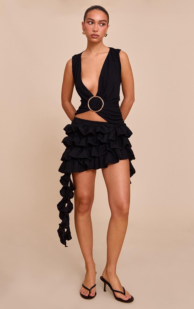 Pretty Little Thing Black Textured Tiered Rara Mini Skirt