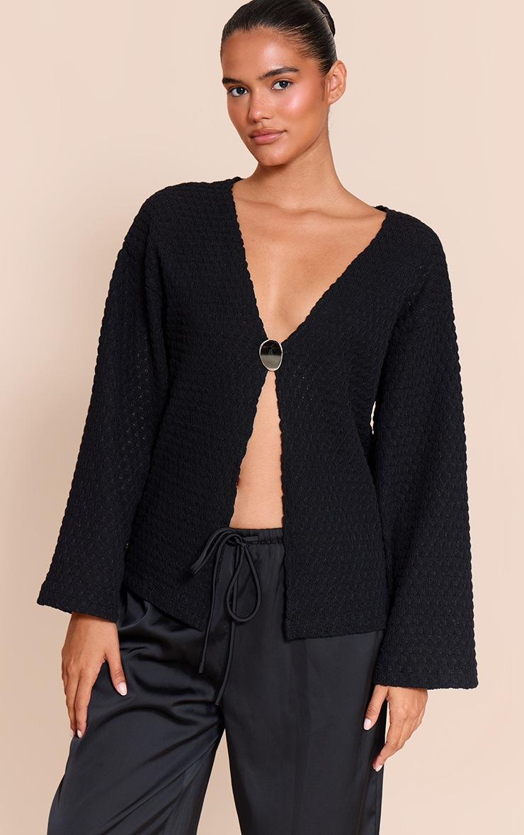 Pretty Little Thing Black Textured Trim Detail Oversized Long Sleeve Top