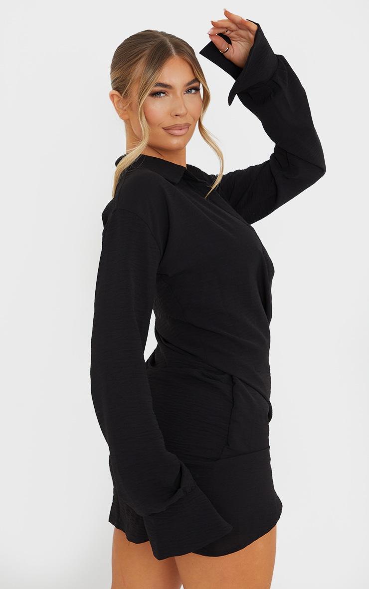 Pretty Little Thing Black Textured Woven Extreme Plunge Bell Cuff Shirt Dress