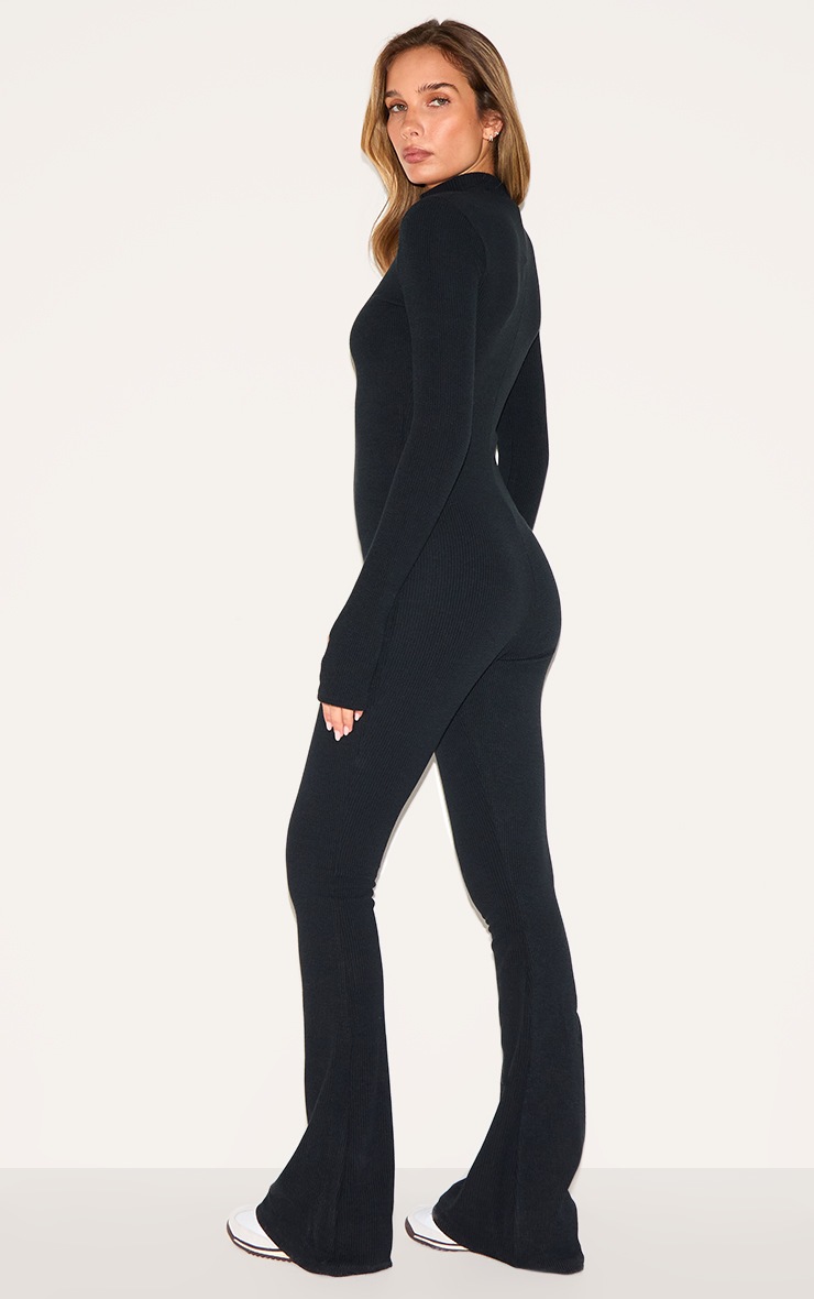 Pretty Little Thing Black Thumbhole Zip Detail Rib Jumpsuit