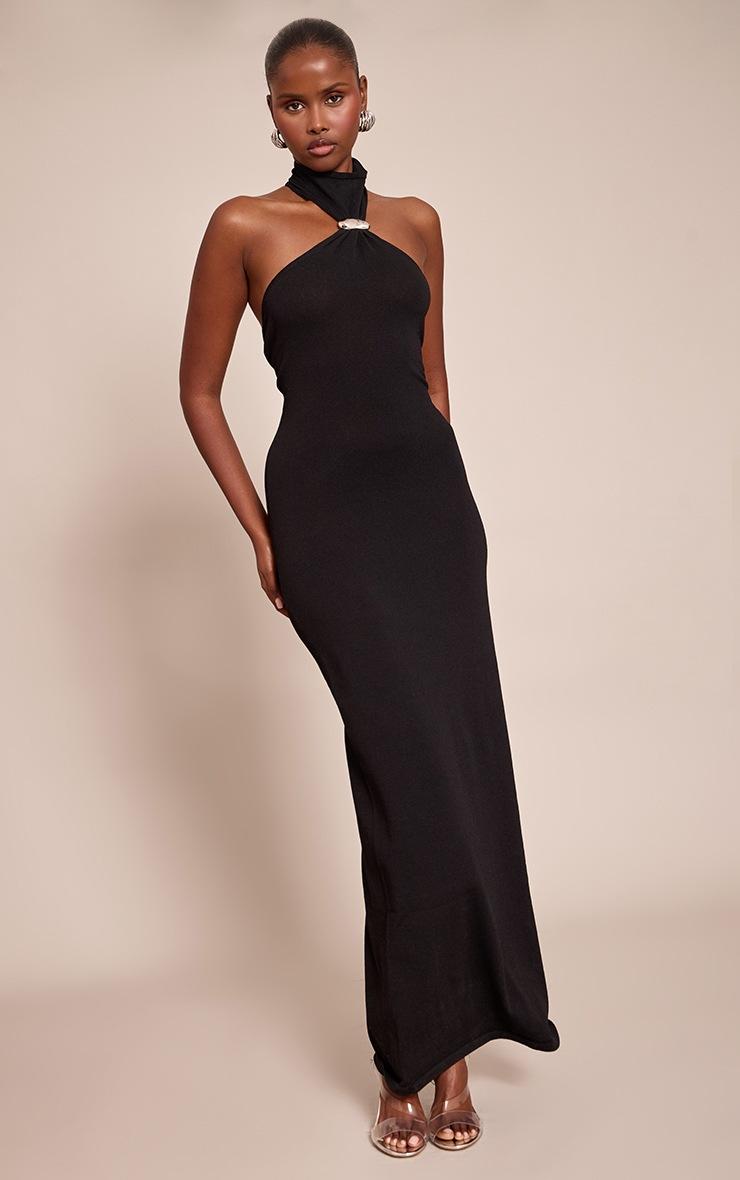 Pretty Little Thing Black Trim Halter Neck Knitted Maxi Dress