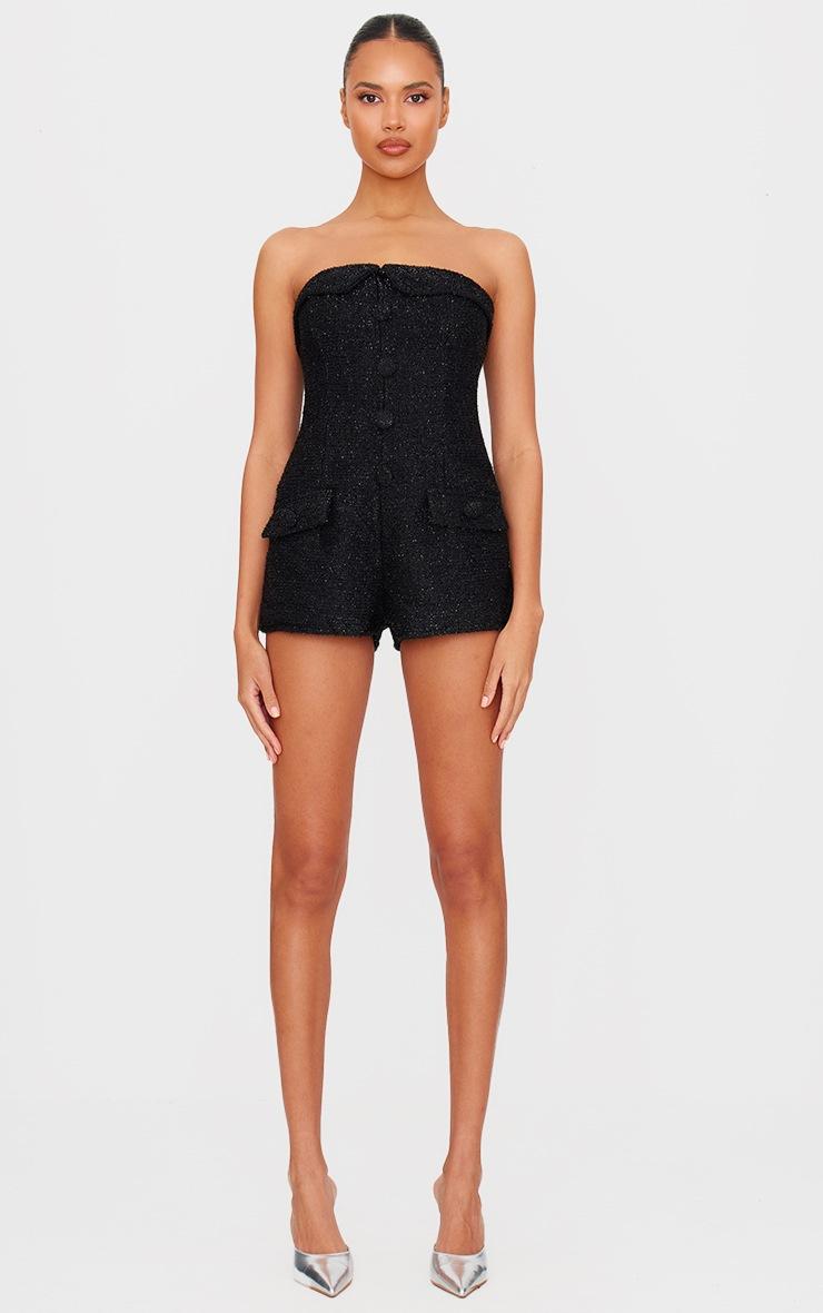 Pretty Little Thing Black Tweed Bandeau Button Detail Romper