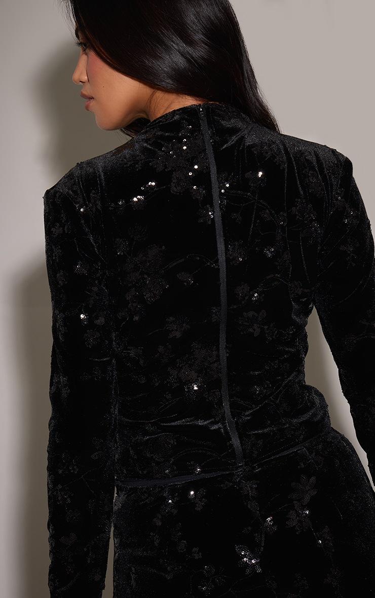 Pretty Little Thing Black Velvet Floral Sequin High Neck Top
