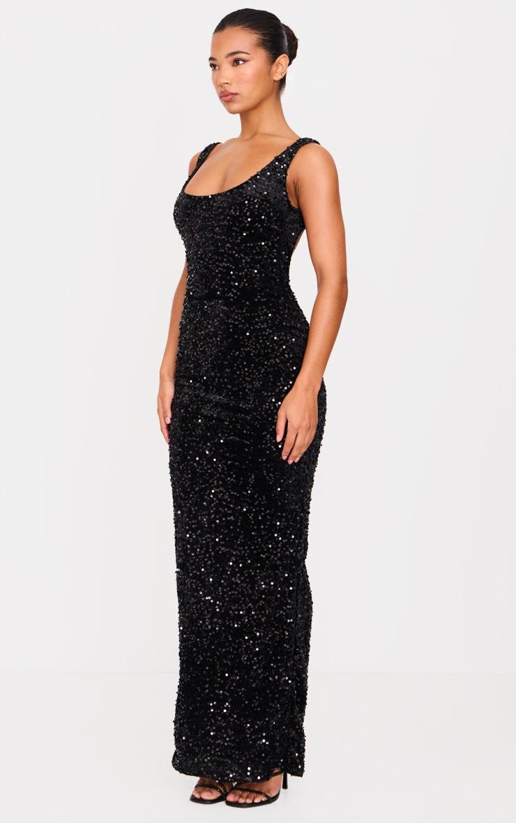 Pretty Little Thing Black Velvet Sequin Embellished Scoop Back Maxi Dess