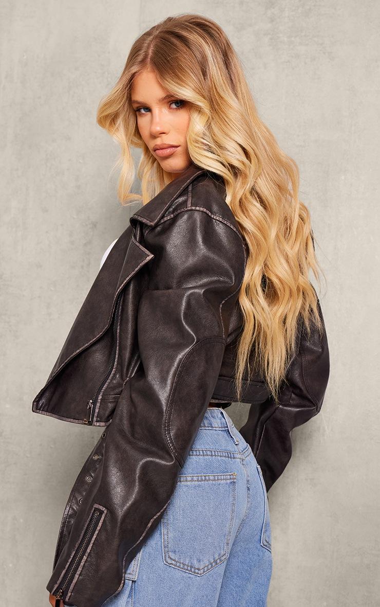 Pretty Little Thing Black Washed PU Distressed Detail Cropped Biker Jacket