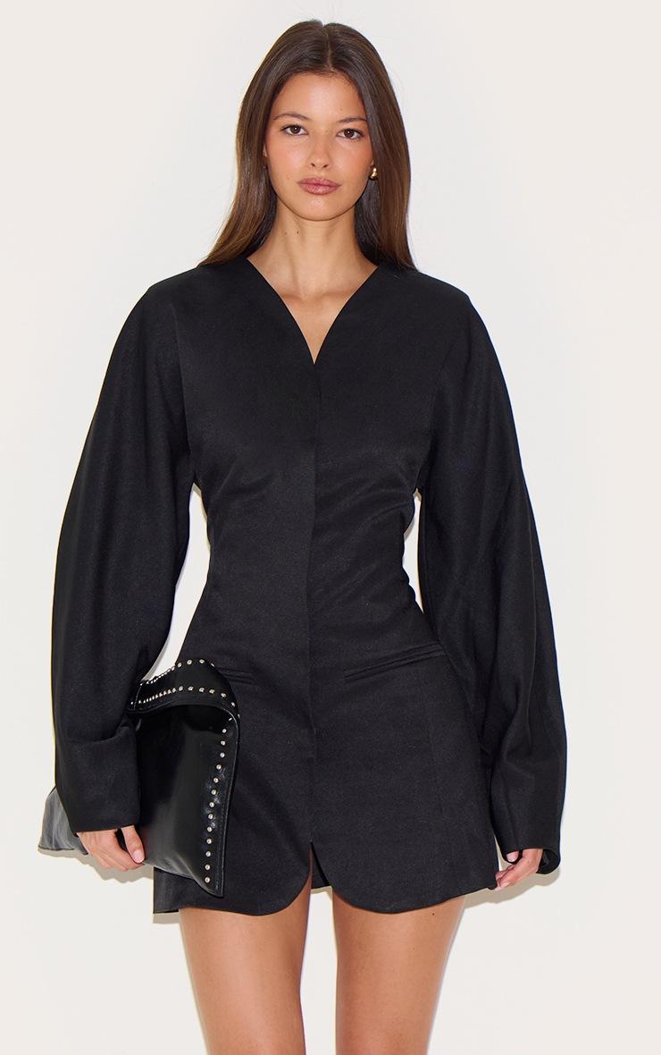 Pretty Little Thing Black Woven Balloon Sleeve Collarless Blazer Dress