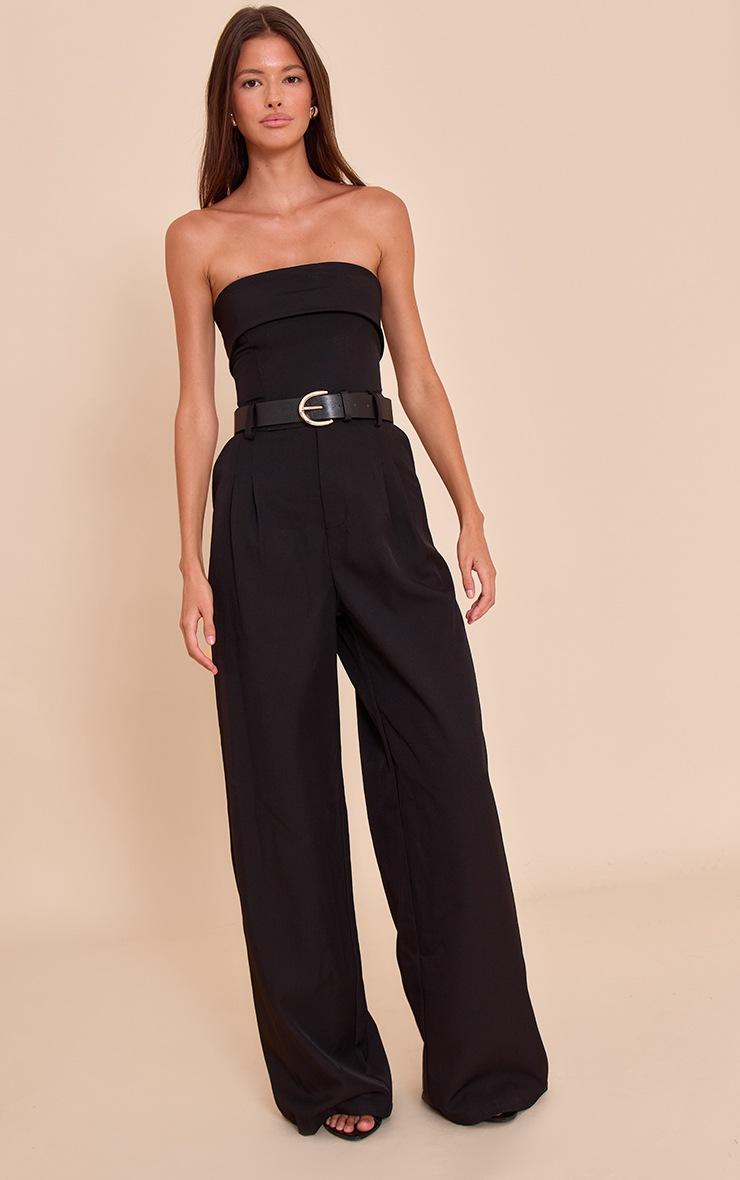 Pretty Little Thing Black Woven Bandeau Belted Wide Leg Jumpsuit