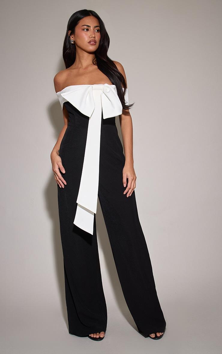 Pretty Little Thing Black Woven Contrast Bow Wide Leg Jumpsuit
