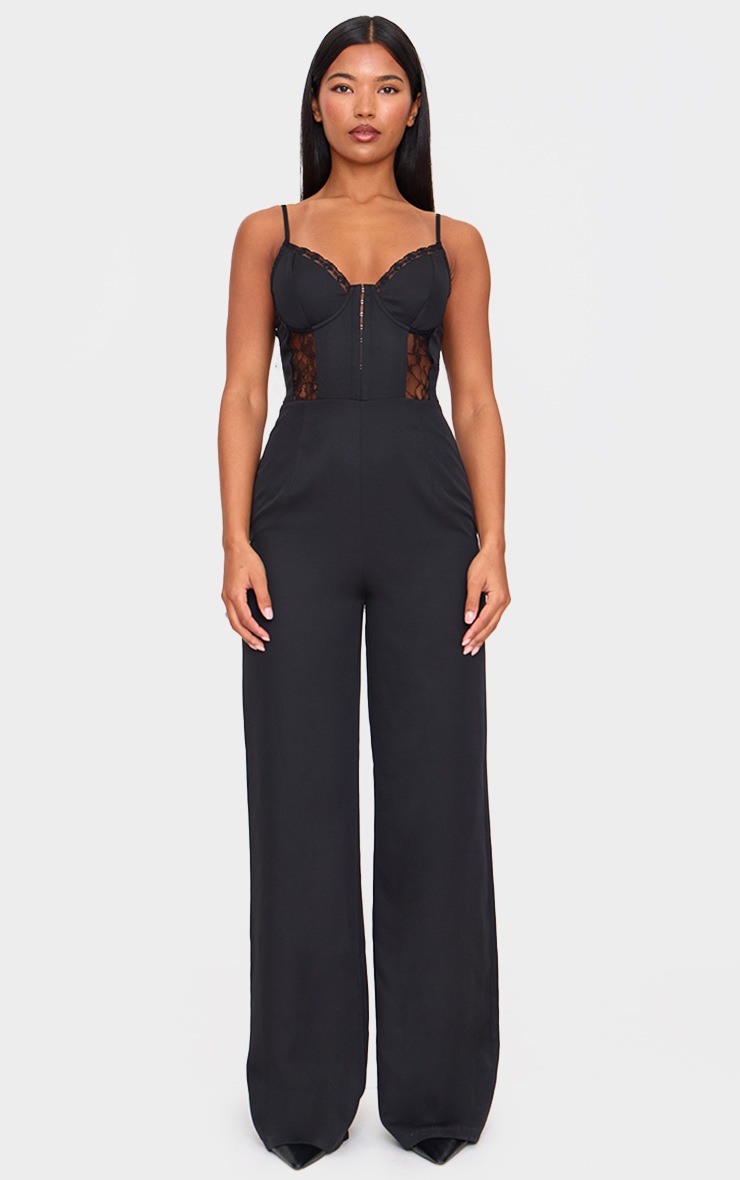 Pretty Little Thing Black Woven Corset Lace Panel Strappy Jumpsuit