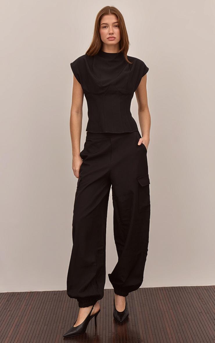 Pretty Little Thing Black Woven Elasticated Hem Cargos