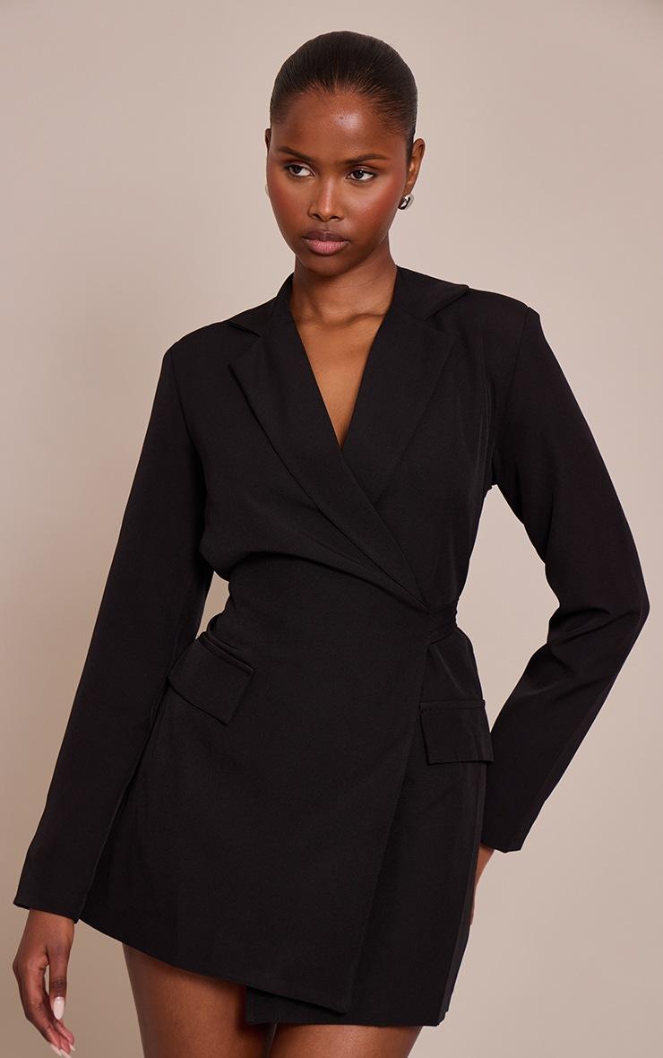 Pretty Little Thing Black Woven Wrap Tie Blazer Dress